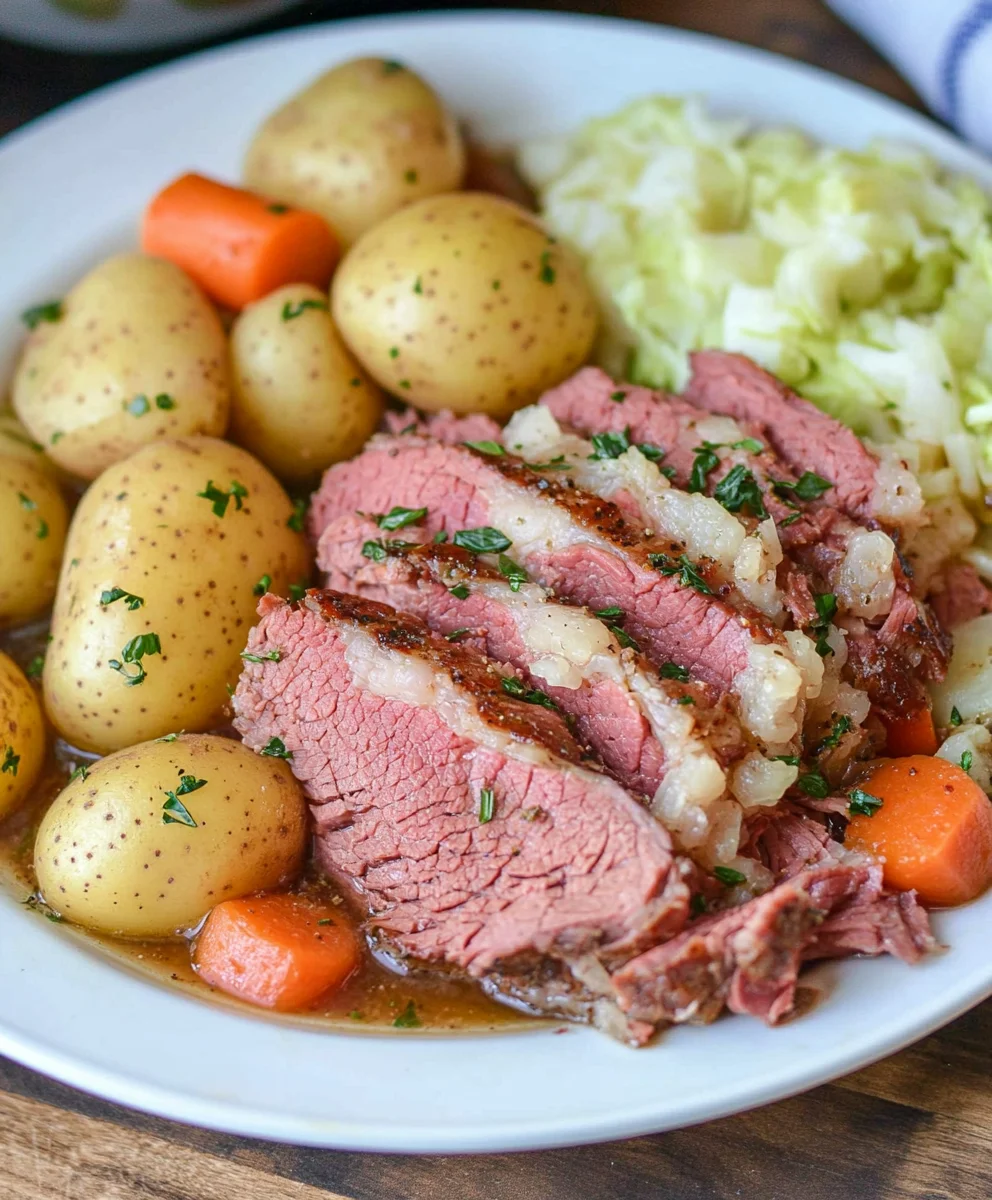 Slow-cooked corned beef slices with potatoes, carrots, and cabbage, garnished with parsley.
