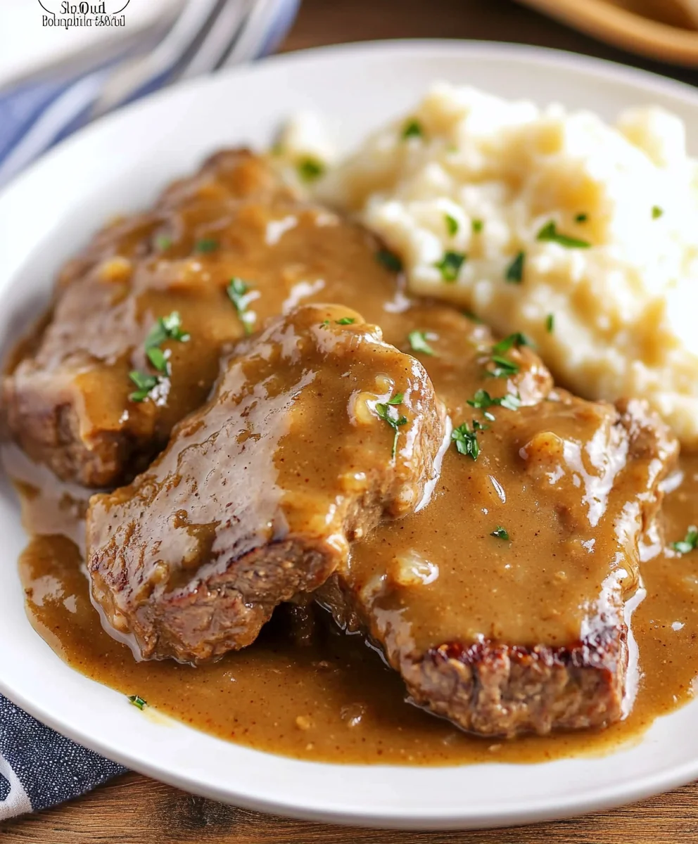 Juicy Slow Cooker Country-Style Steak in savory gravy.