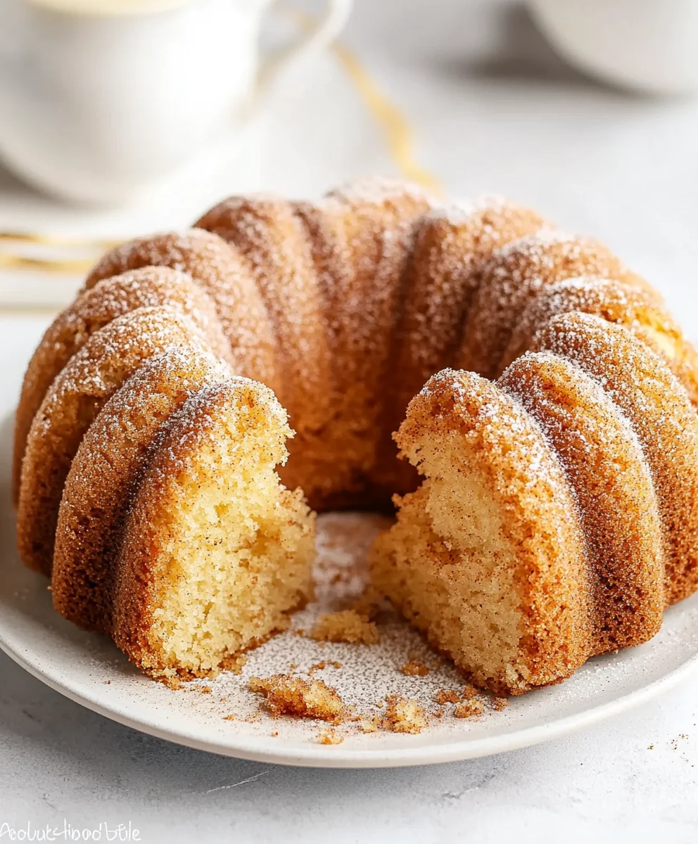 Moist Snickerdoodle Bundt Cake sliced with cinnamon sugar topping