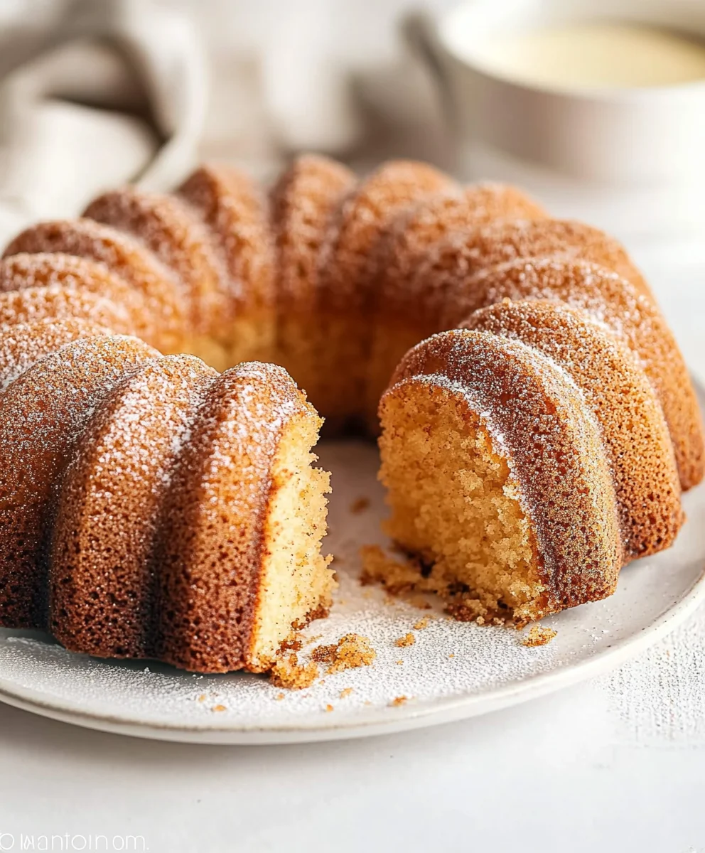 Soft and fluffy Snickerdoodle Bundt Cake on a white plate