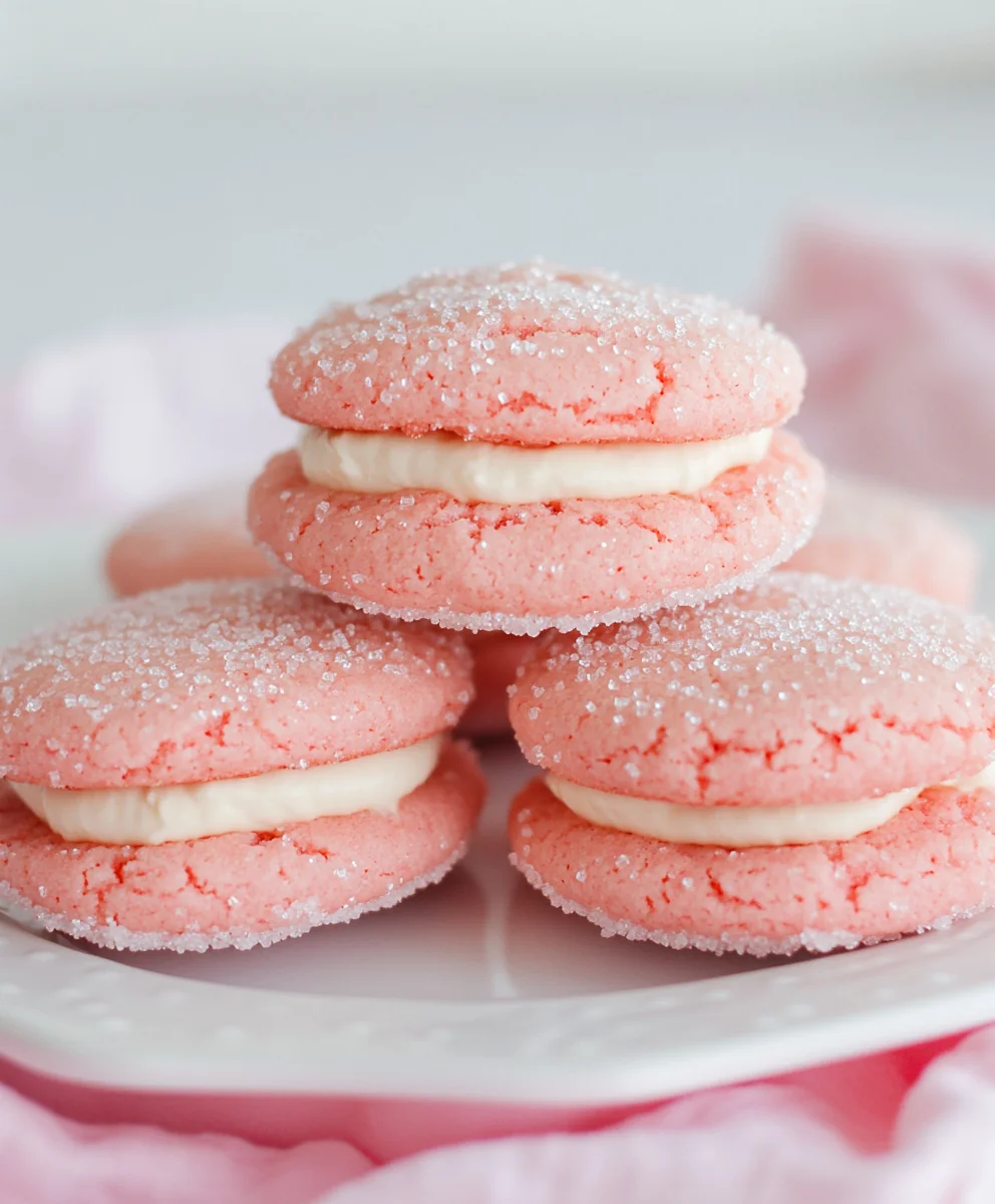 Close-up of soft strawberry cake mix sandwich cookies with creamy almond buttercream.
