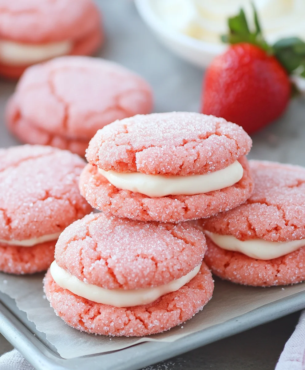 Soft strawberry cake mix sandwich cookies with almond buttercream filling, rolled in sanding sugar.