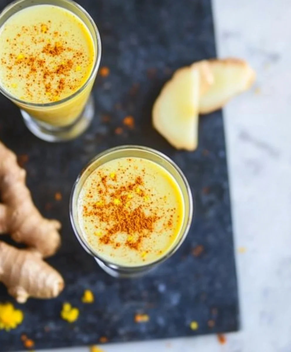 Two glasses of spicy ginger wellness shots sprinkled with cayenne pepper on a black surface, surrounded by fresh ginger and turmeric.