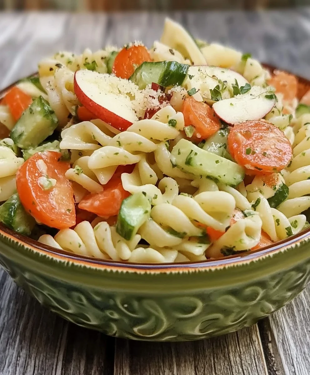 Fresh Spring Garden Pasta Salad with cucumbers, cherry tomatoes, carrots, and Parmesan cheese.