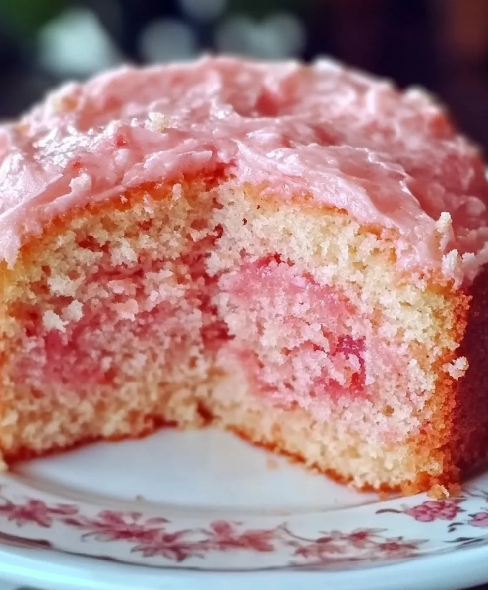 Half strawberry cake with frosting on top, showing a dense, pink marbled center on a vintage plate