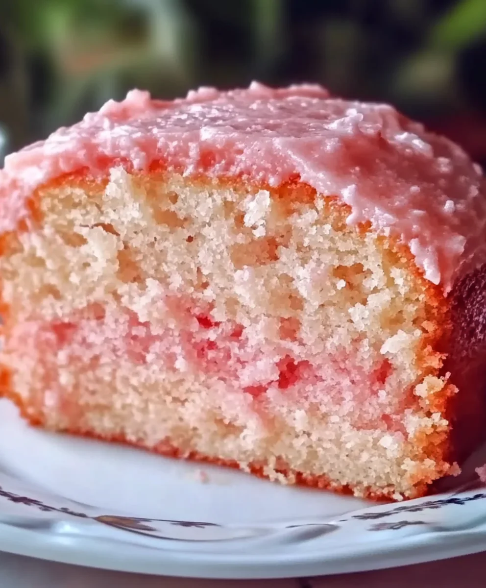 Strawberry cake slice with light pink frosting and a moist, fluffy interior served on a white plate