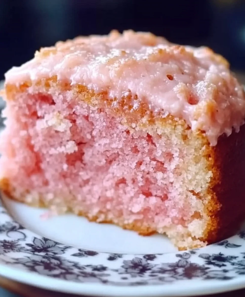 A close-up of a moist slice of strawberry cake with creamy pink frosting on a floral-patterned plate