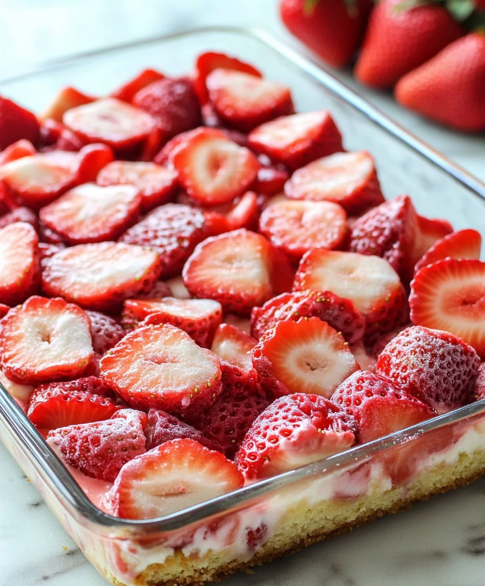 Sliced Strawberry Shortcake Bliss Bars with layers of cream cheese frosting and fresh strawberries.