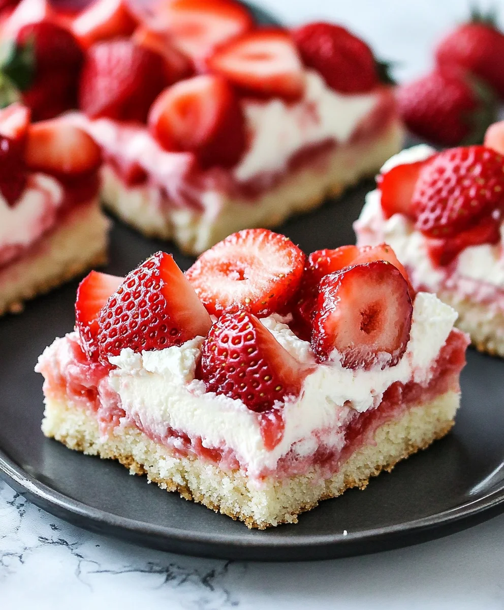 No-bake Strawberry Shortcake Bliss Bars topped with fresh sliced strawberries in a glass dish.
