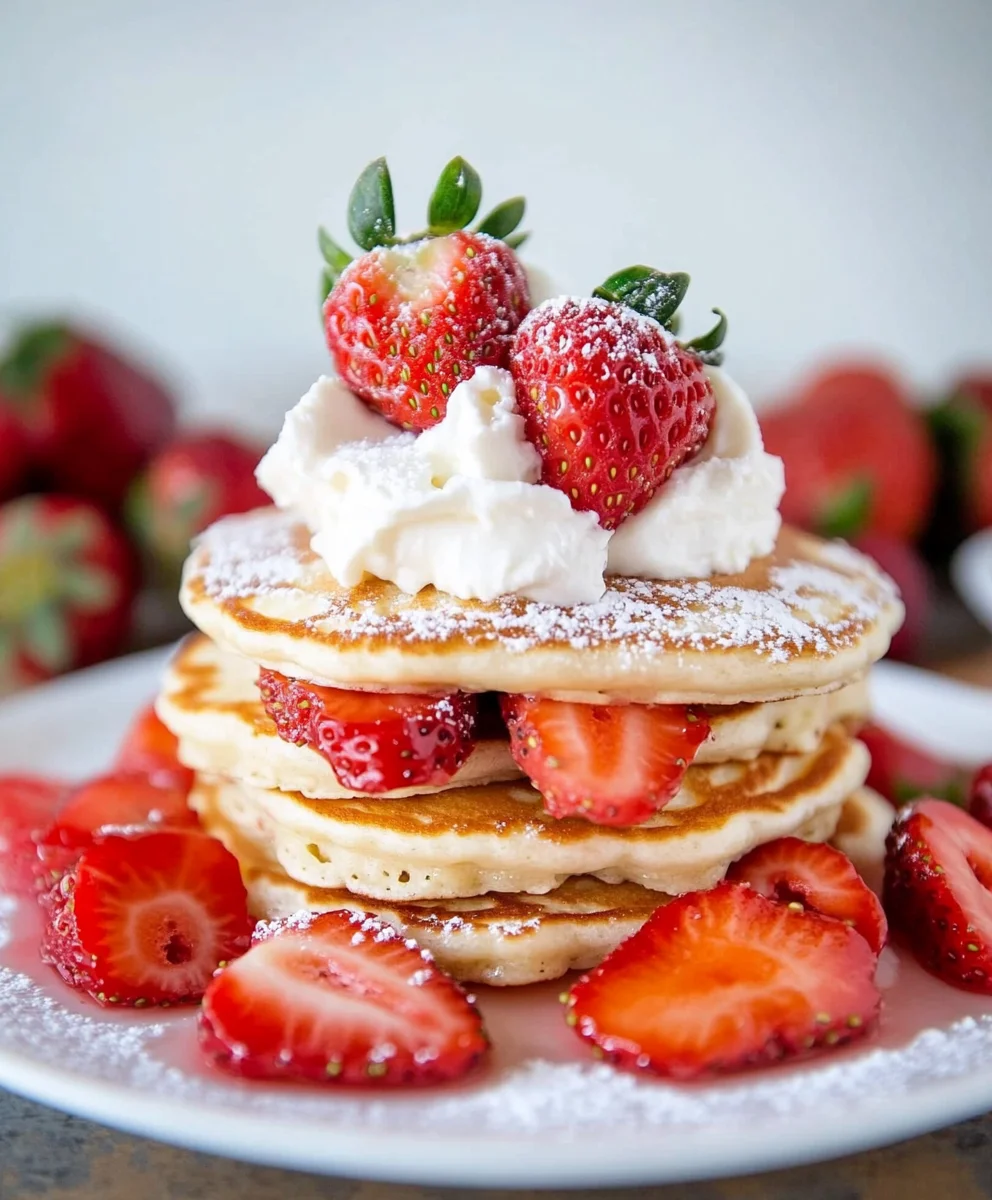 Stack of fluffy Strawberry Shortcake Pancakes topped with fresh strawberries, whipped cream, and a dusting of powdered sugar.