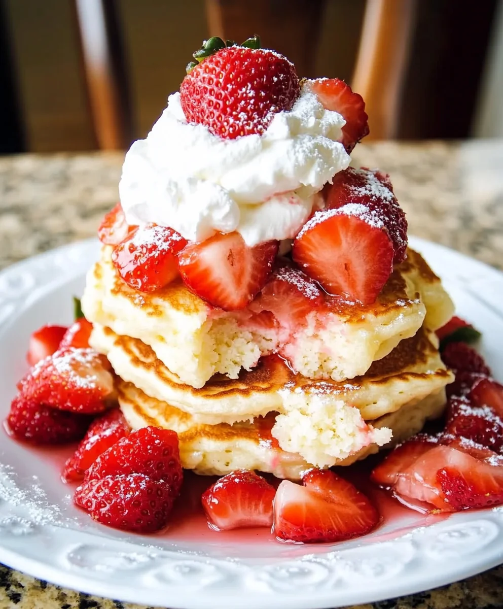 Inside view of Strawberry Shortcake Pancakes with macerated strawberries and whipped cream.