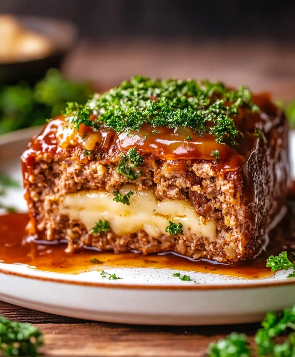 Close-up of cheese-stuffed meatloaf slice topped with glaze and fresh parsley on a plate.