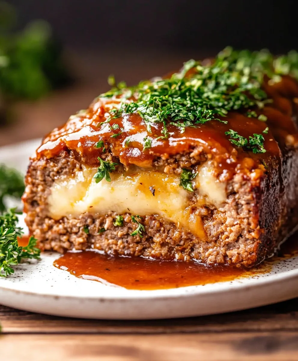 Mozzarella-stuffed meatloaf slice served with glaze and garnished with parsley on a white plate.
