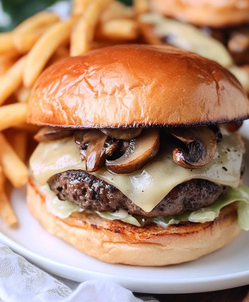 Mouthwatering Swiss Mushroom Burger with caramelized onions, melted Swiss cheese, and a juicy beef patty on a toasted bun.