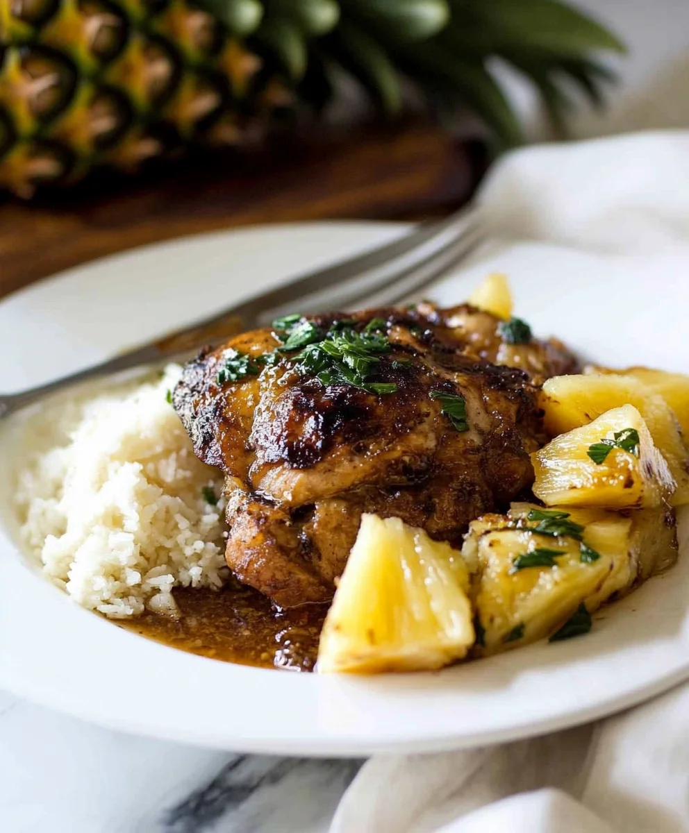 Tender pineapple-glazed chicken served with fluffy coconut rice and caramelized pineapple.