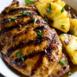 Juicy grilled chicken glazed with sweet and tangy pineapple sauce, garnished with fresh herbs.
