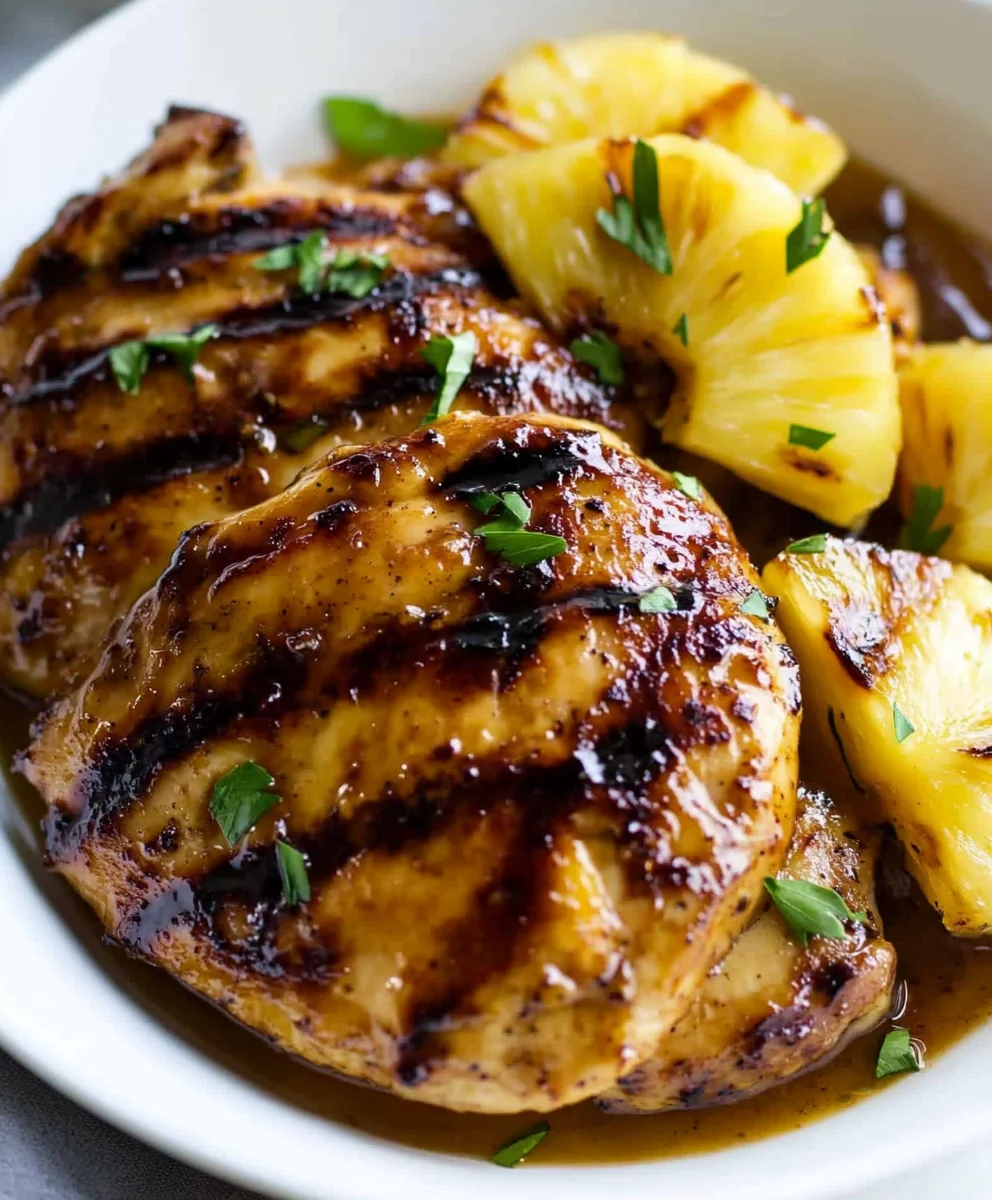 Juicy grilled chicken glazed with sweet and tangy pineapple sauce, garnished with fresh herbs.