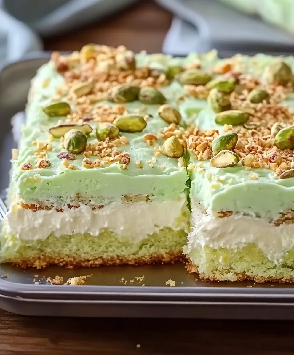 Tray of Tropical Pistachio Bliss Cake with light green whipped frosting and chopped pistachios