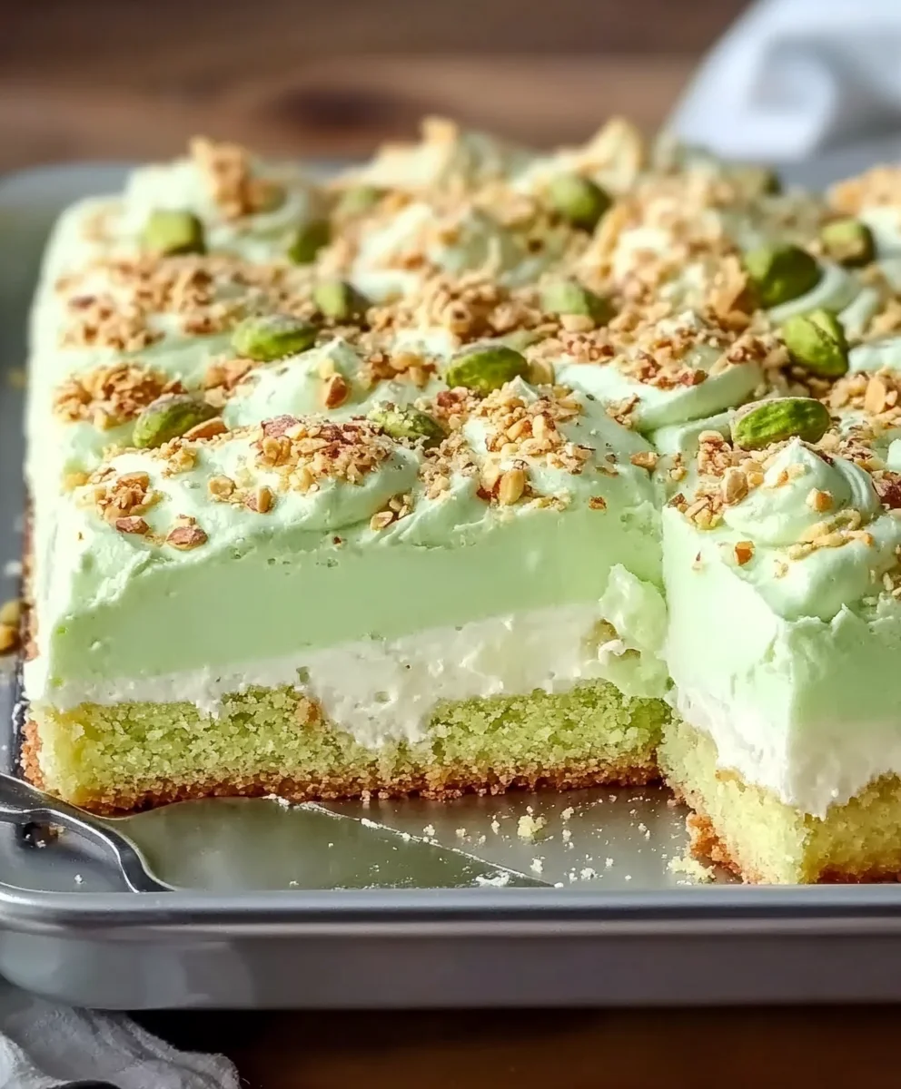 Sliced Tropical Pistachio Bliss Cake showing layers of pineapple, whipped topping, and pistachio frosting