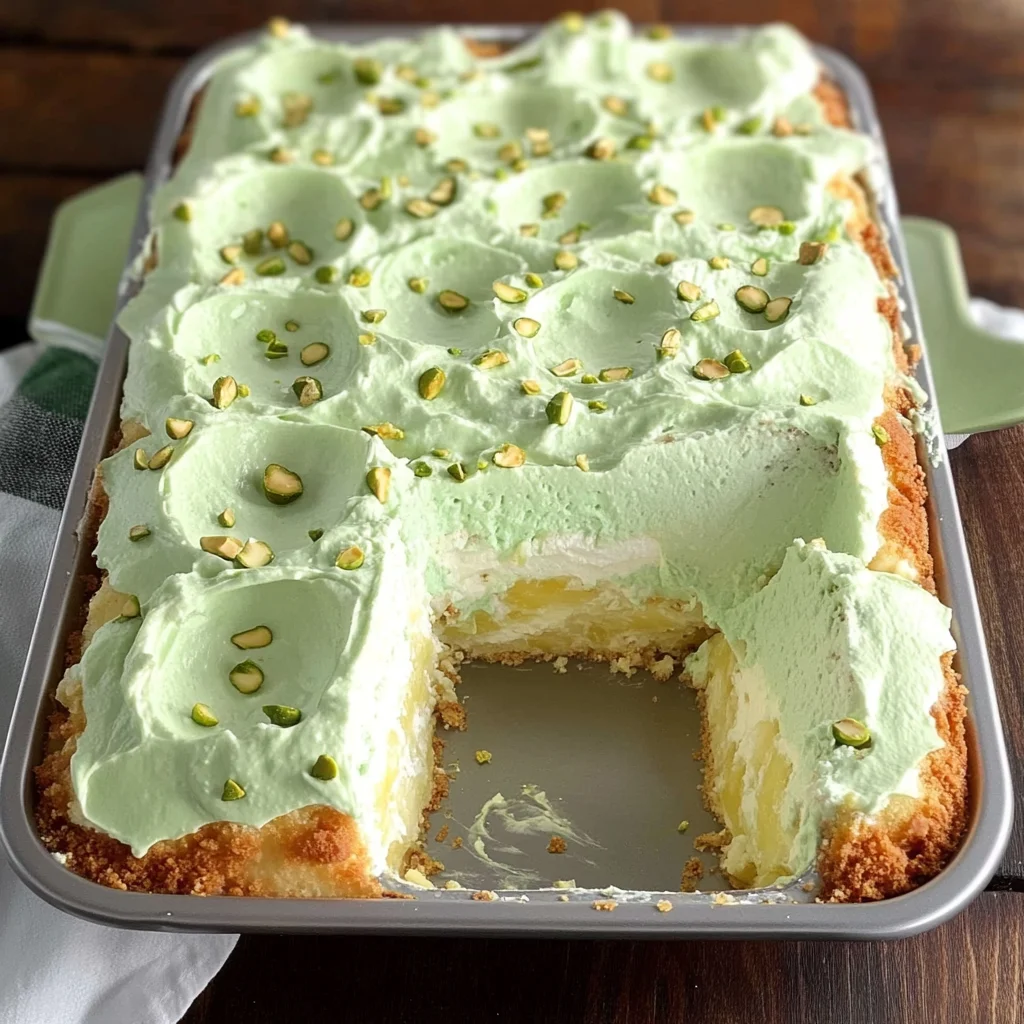 Close-up of a slice of Tropical Pistachio Bliss Cake topped with chopped pistachios and creamy green frosting