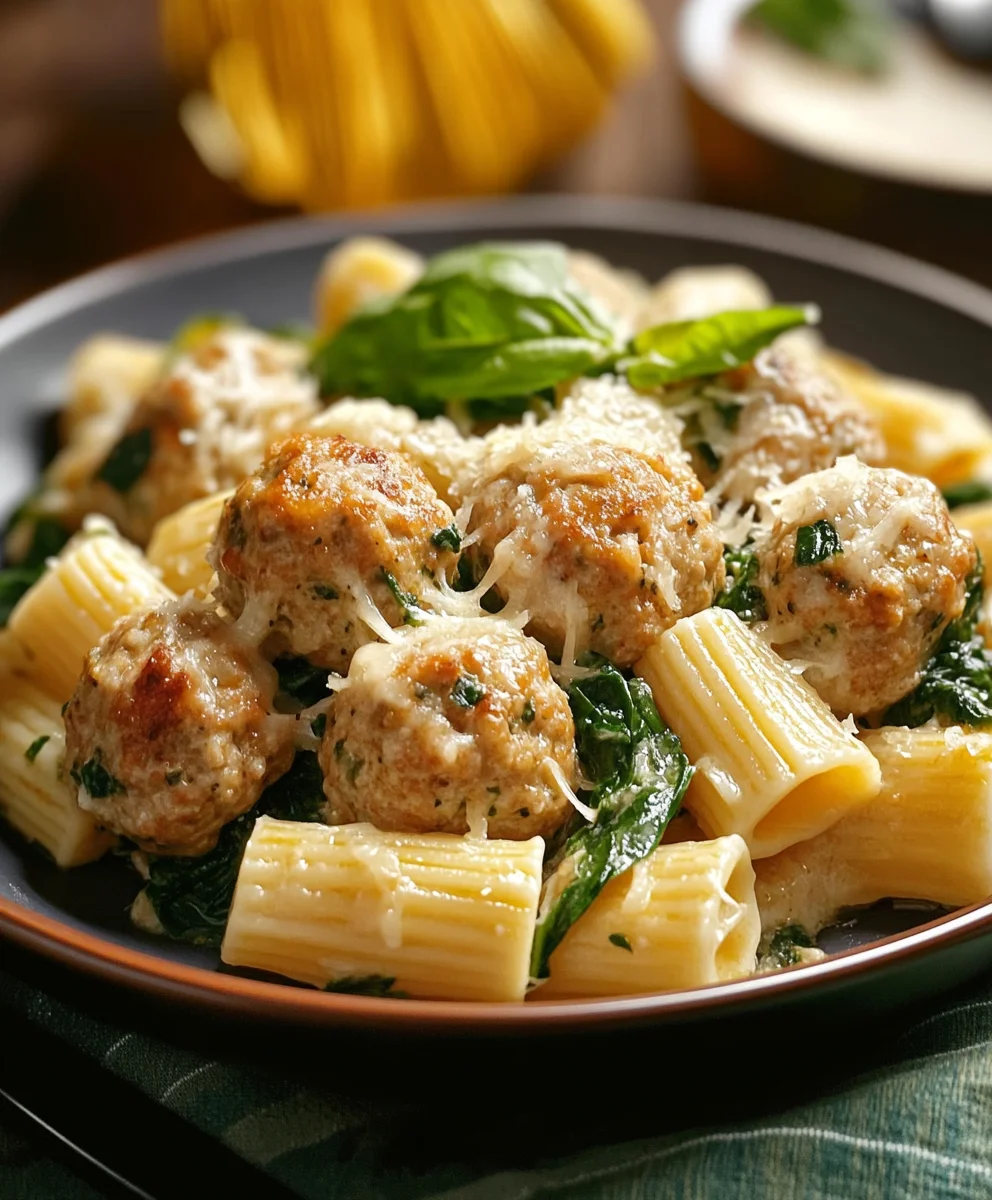 Zesty turkey and ricotta meatballs served with garlic spinach rigatoni, garnished with fresh basil and Parmesan cheese