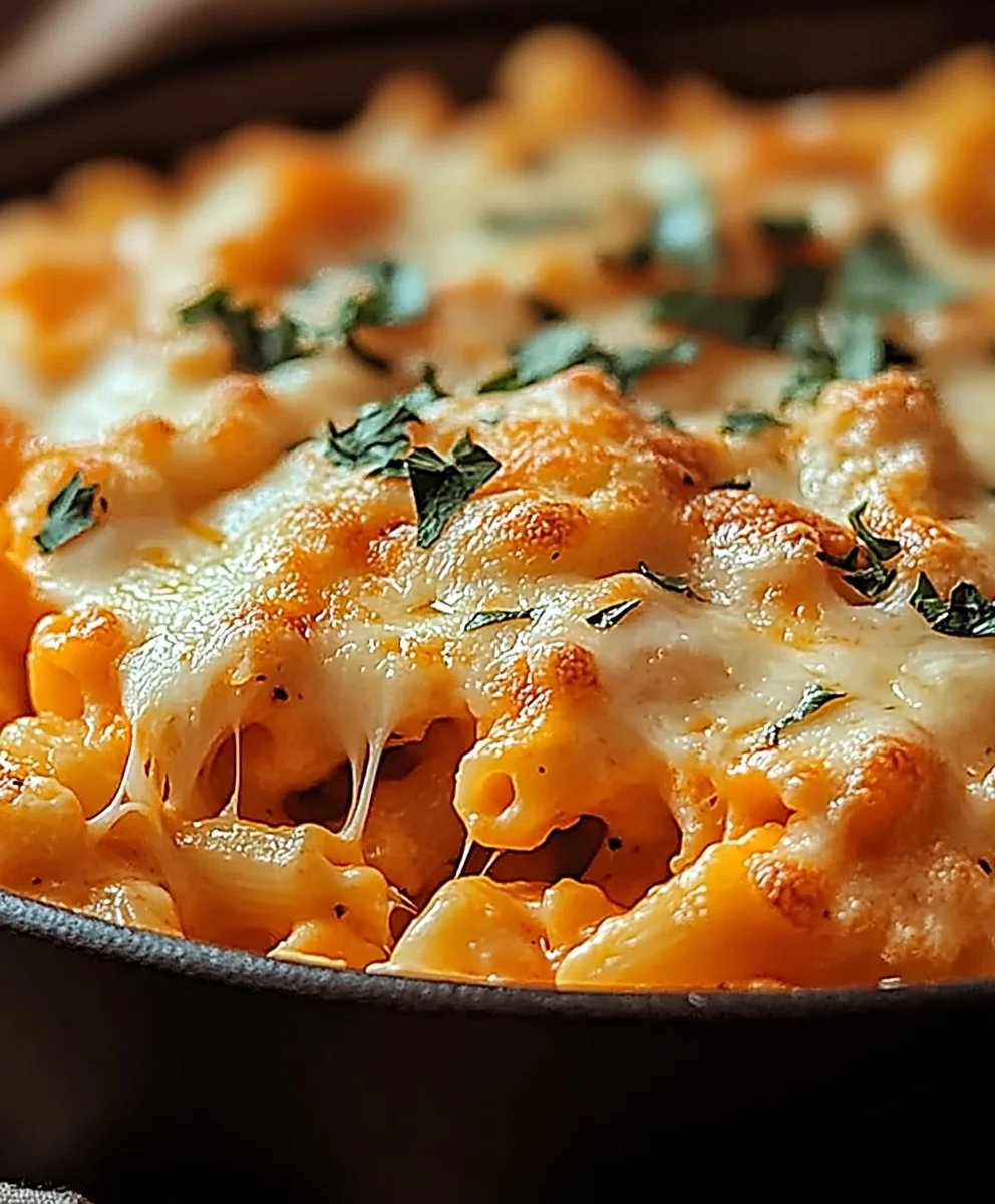 Baked buffalo mac and cheese topped with bubbling cheese and fresh parsley