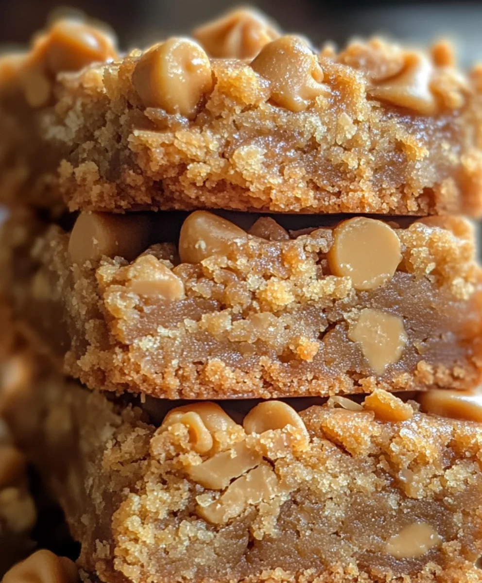 Three stacked butterscotch cookie bars with a soft, dense texture and chip-filled center