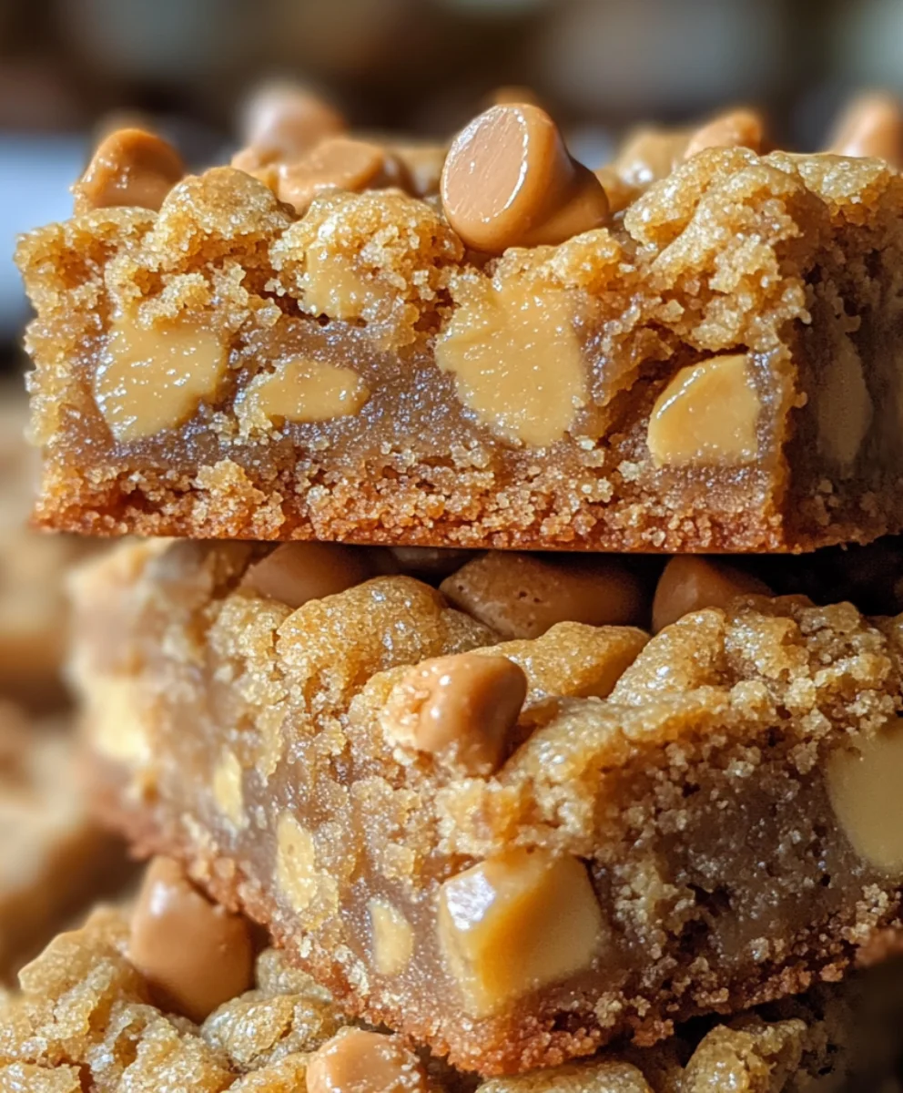 Gooey butterscotch toffee cookie bar stacked with visible chips and golden edges
