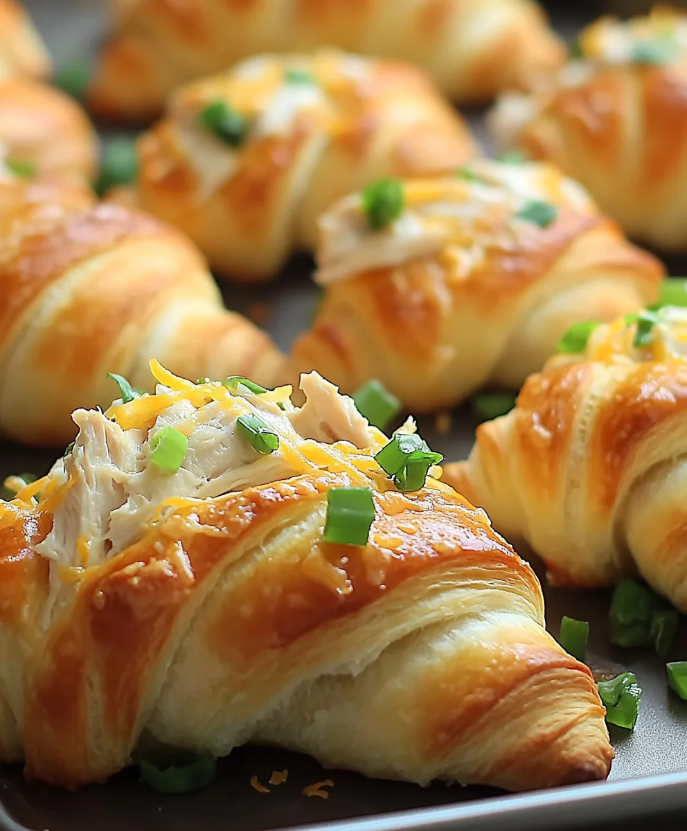 Flaky Chicken Stuffed Crescent Roll topped with cheddar and green onions