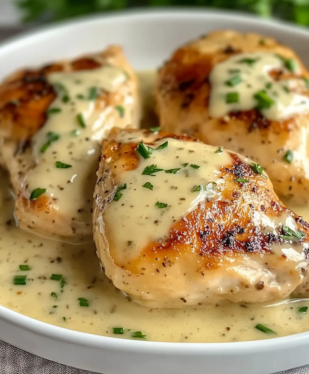 Close-up of creamy Dijon chicken with peppery sauce and fresh herbs