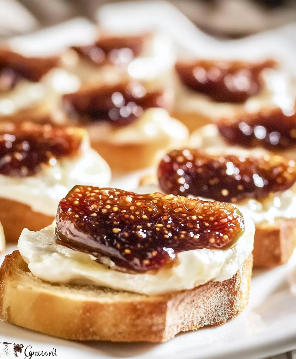 Fig and Brie crostini garnished with fig jam on toasted bread
