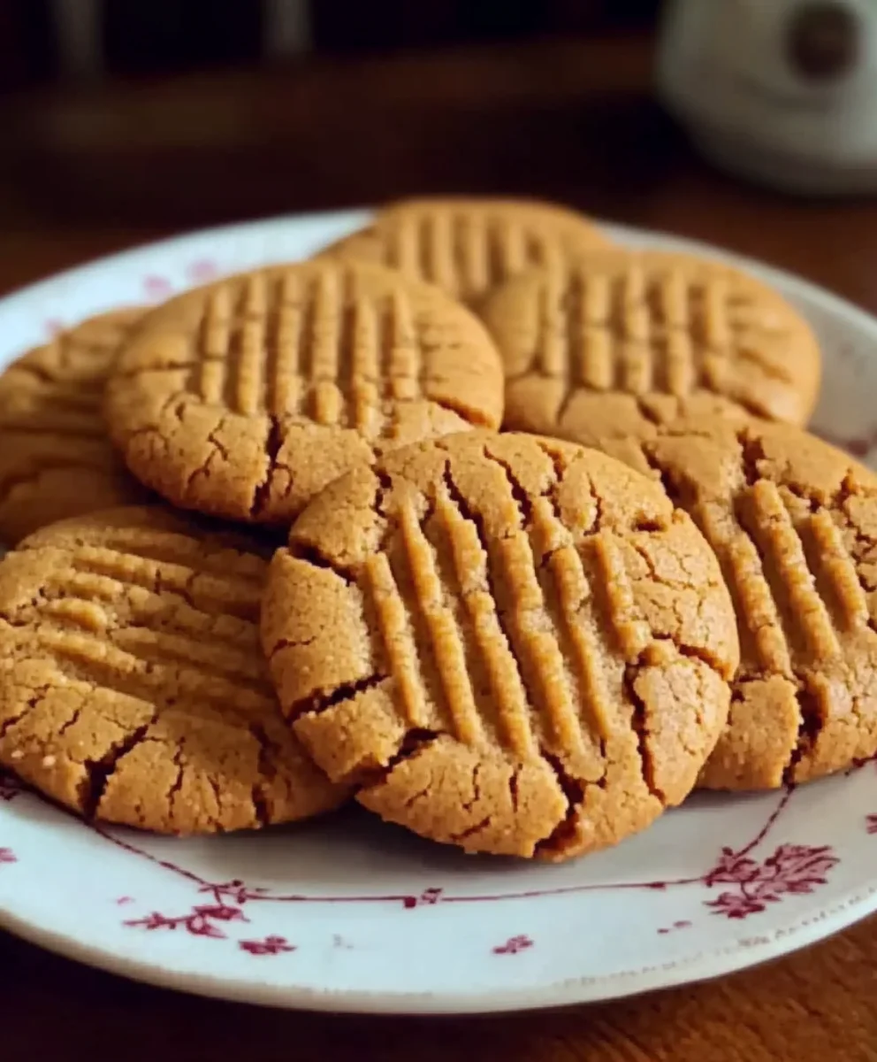 Southern-style peanut butter cookies stacked on a vintage floral plate