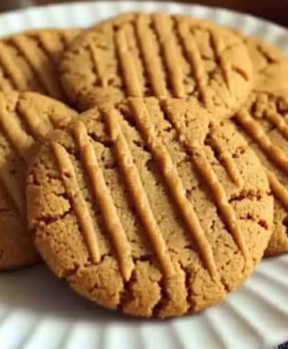 Crisp, golden peanut butter cookies arranged on a white fluted plate