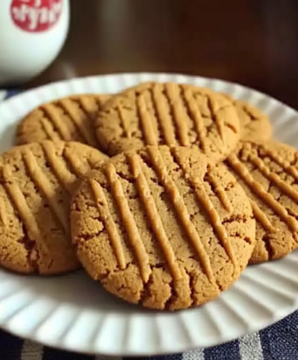 Close-up of classic peanut butter cookies with criss-cross pattern on a white plate