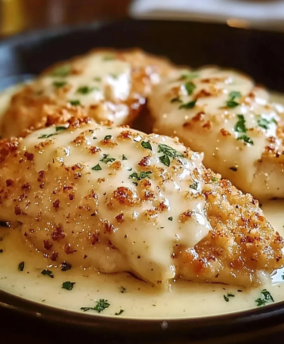 Baked Parmesan crusted chicken with bubbling cheese and crispy breadcrumbs, garnished with parsley.