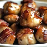 Glazed chicken bites wrapped in crispy bacon on a white plate