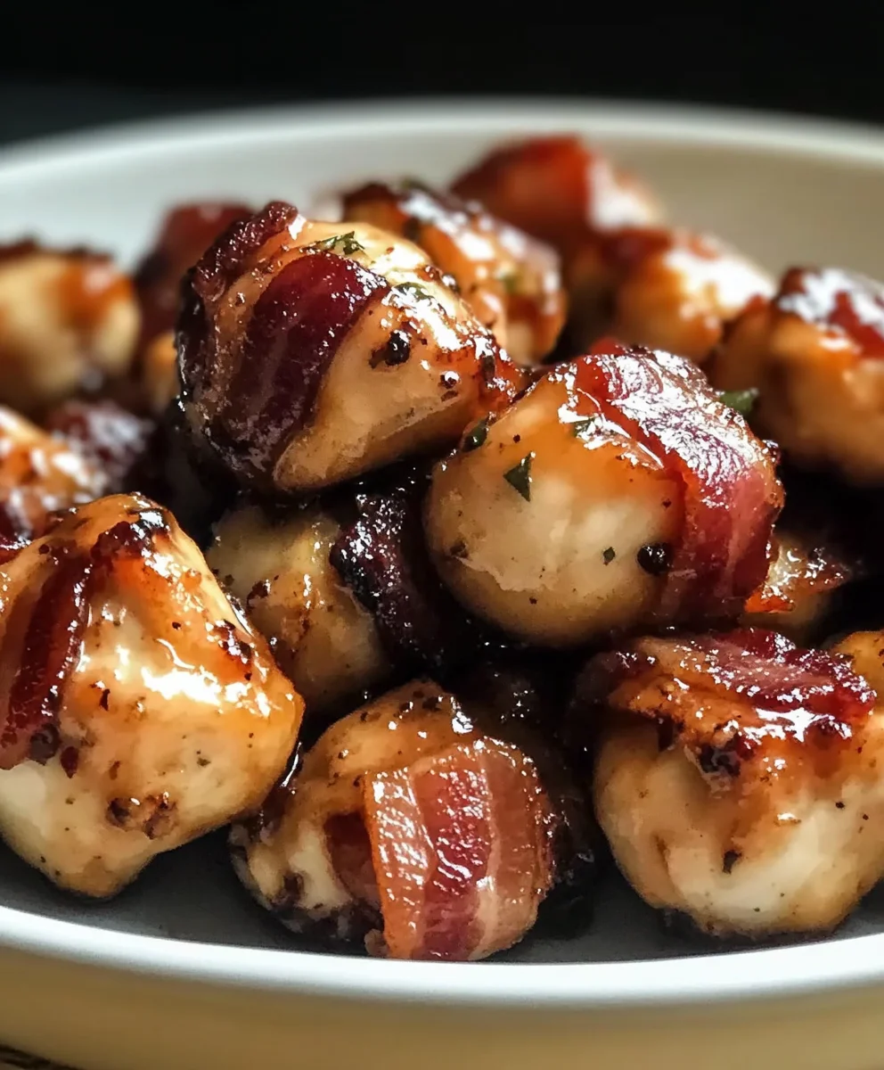 Bite-sized chicken pieces wrapped in bacon and glazed with maple sauce