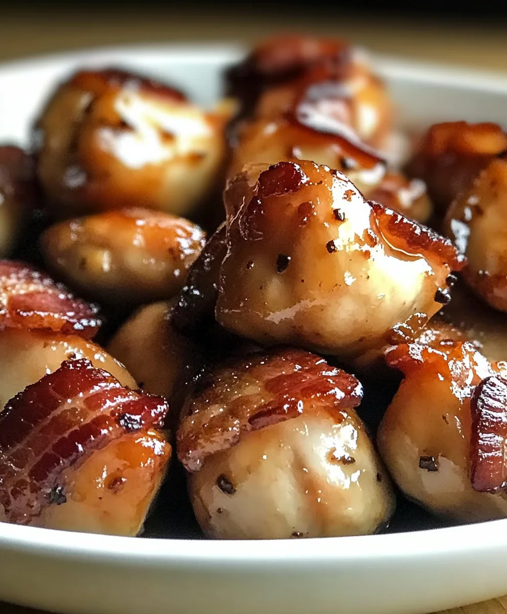 Glazed chicken bites wrapped in crispy bacon on a white plate