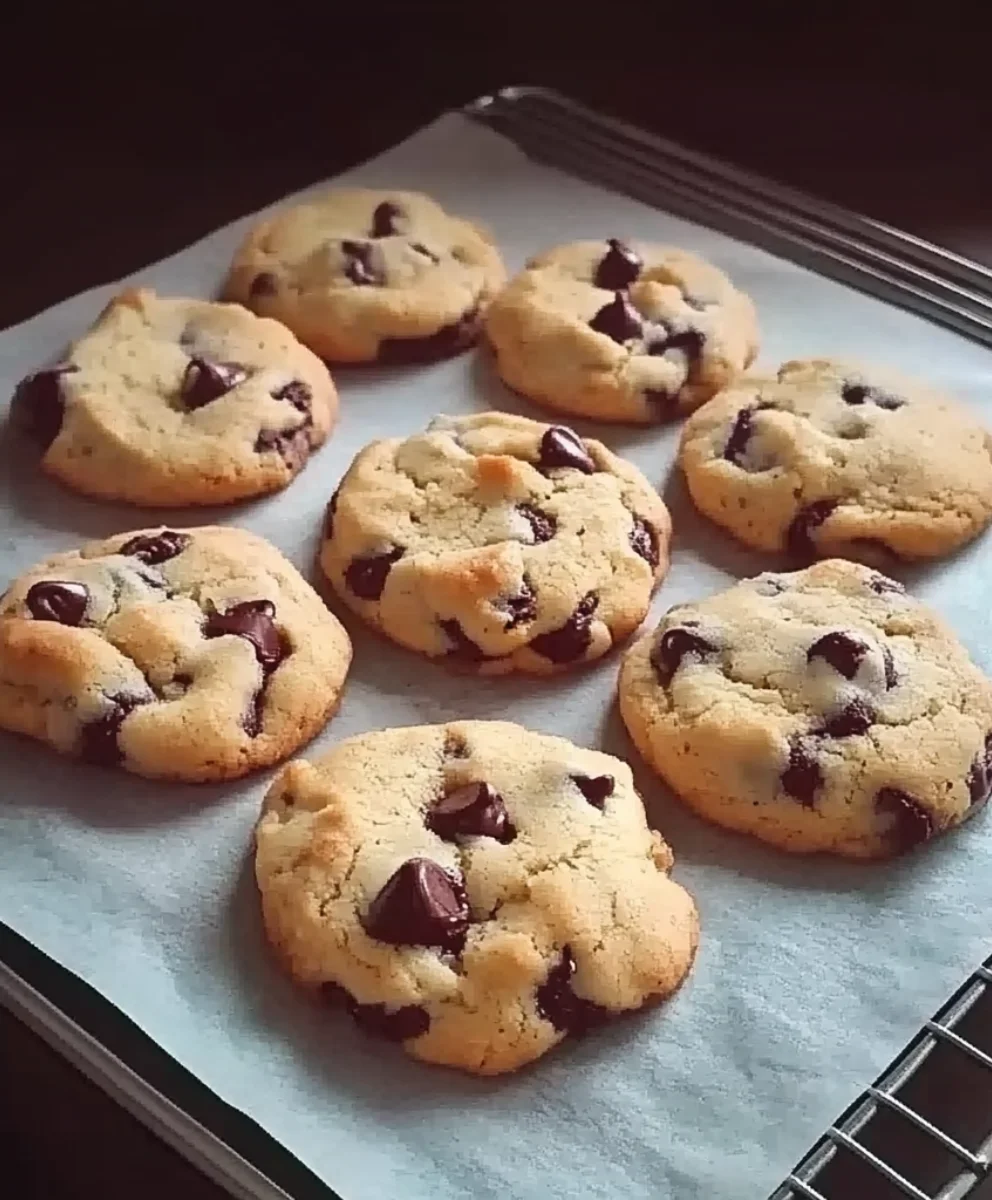 Thick homemade chocolate chip cookies made with light brown sugar on parchment paper