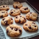 Freshly baked puffy brown sugar chocolate chip cookies cooling on a wire rack