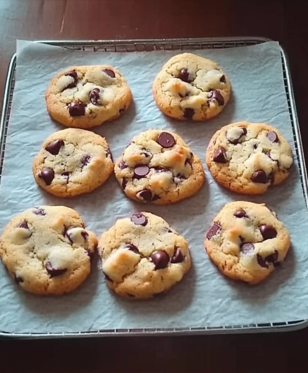 Golden brown chocolate chip cookies made with brown sugar only, displayed on a cooling rack