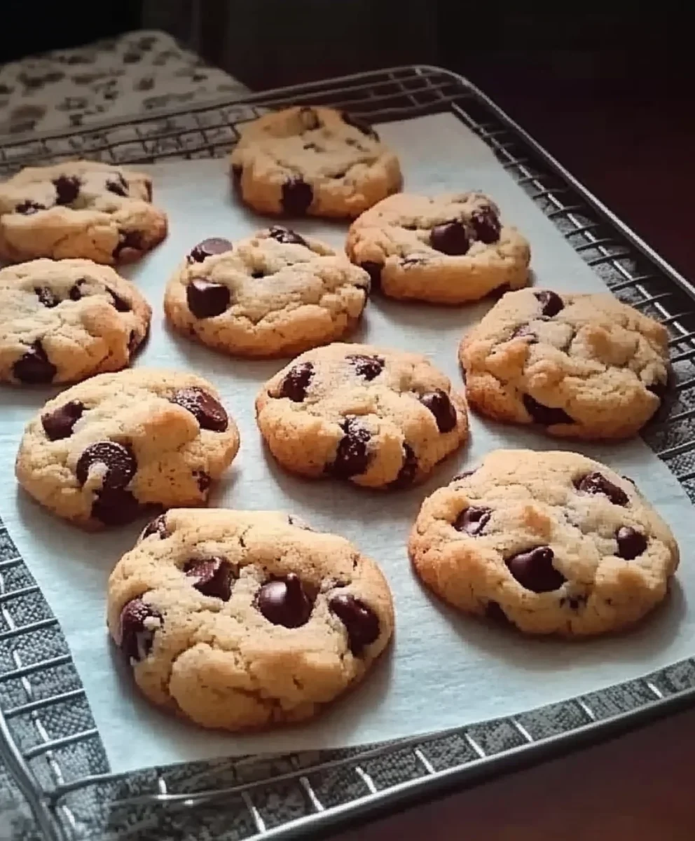 Freshly baked puffy brown sugar chocolate chip cookies cooling on a wire rack