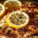 Crispy parmesan crusted lemon chicken breast topped with fresh lemon slice