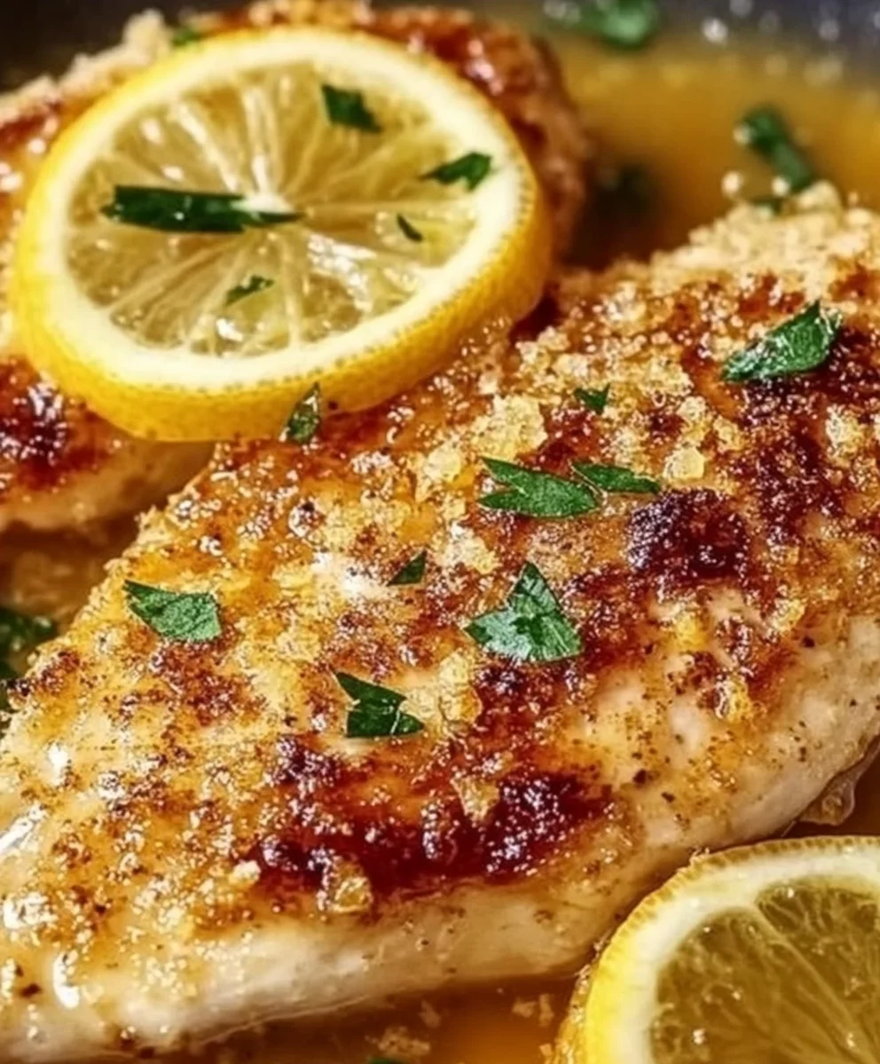 Juicy parmesan crusted chicken breast in lemon butter sauce