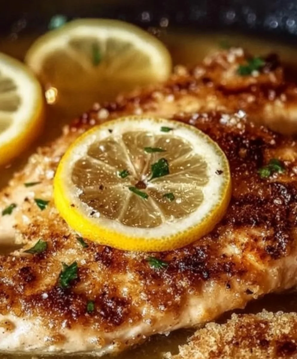 Crispy parmesan crusted lemon chicken breast topped with fresh lemon slice