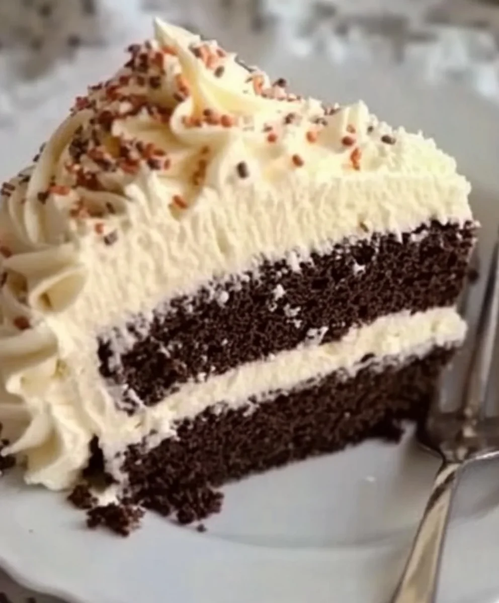 Slice of chocolate cake with fluffy pudding Cool Whip frosting and sprinkles