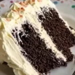Moist chocolate cake slice with thick vanilla pudding Cool Whip frosting