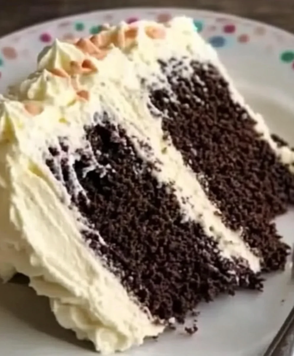 Moist chocolate cake slice with thick vanilla pudding Cool Whip frosting