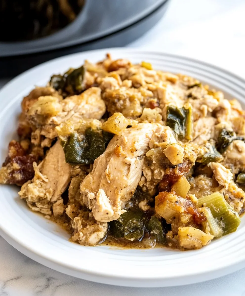 Quick & Easy Crock Pot Chicken and Stuffing served on a white plate