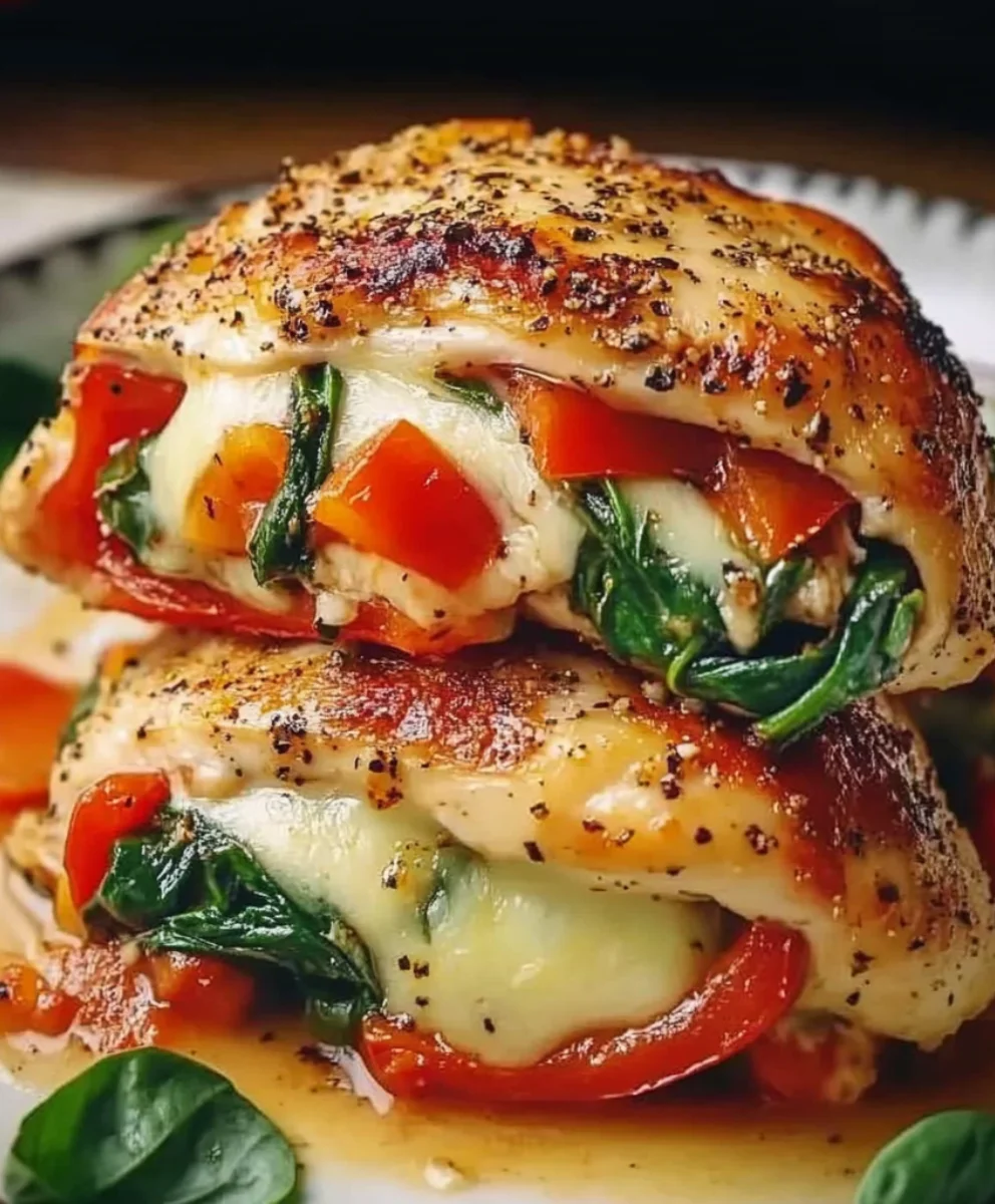 Mozzarella stuffed chicken with roasted red peppers and spinach stacked on a plate.